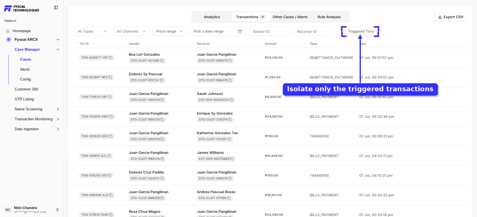 Figure 2.12 — Case Details, Transactions tab: full transaction history with filters and CSV export.