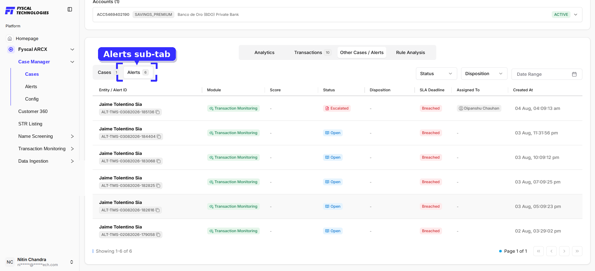 Figure 2.13 — Case Details, Other Cases / Alerts tab, Alerts sub-tab: other open alerts on the same customer.