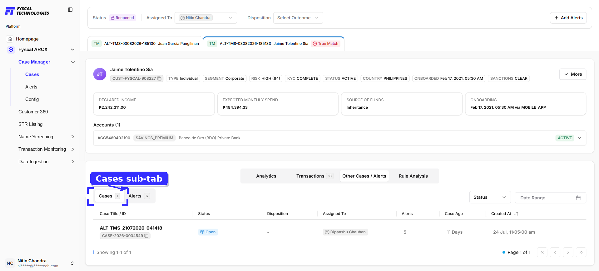 Figure 2.14 — Case Details, Other Cases / Alerts tab, Cases sub-tab: other cases on the same customer.