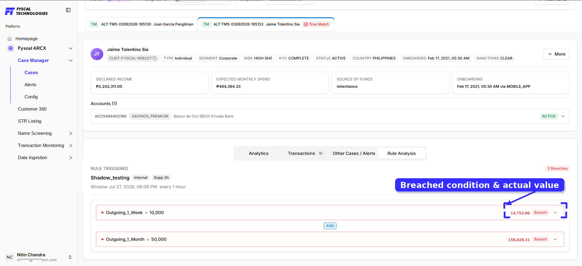 Figure 2.15 — Case Details, Rule Analysis tab: the rule and conditions that triggered the alert.