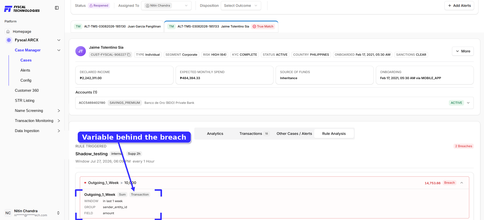 Figure 2.16 — Case Details, Rule Analysis tab, expanded: the underlying variable definition behind a breached condition.