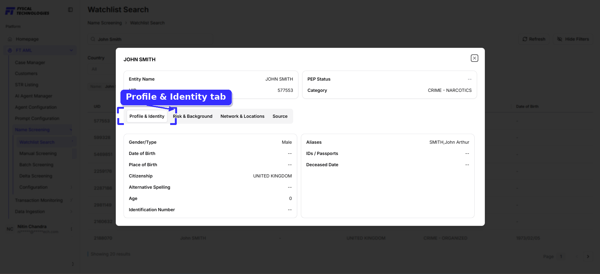 Figure 6.2 — Watchlist Search record detail, Profile & Identity tab.