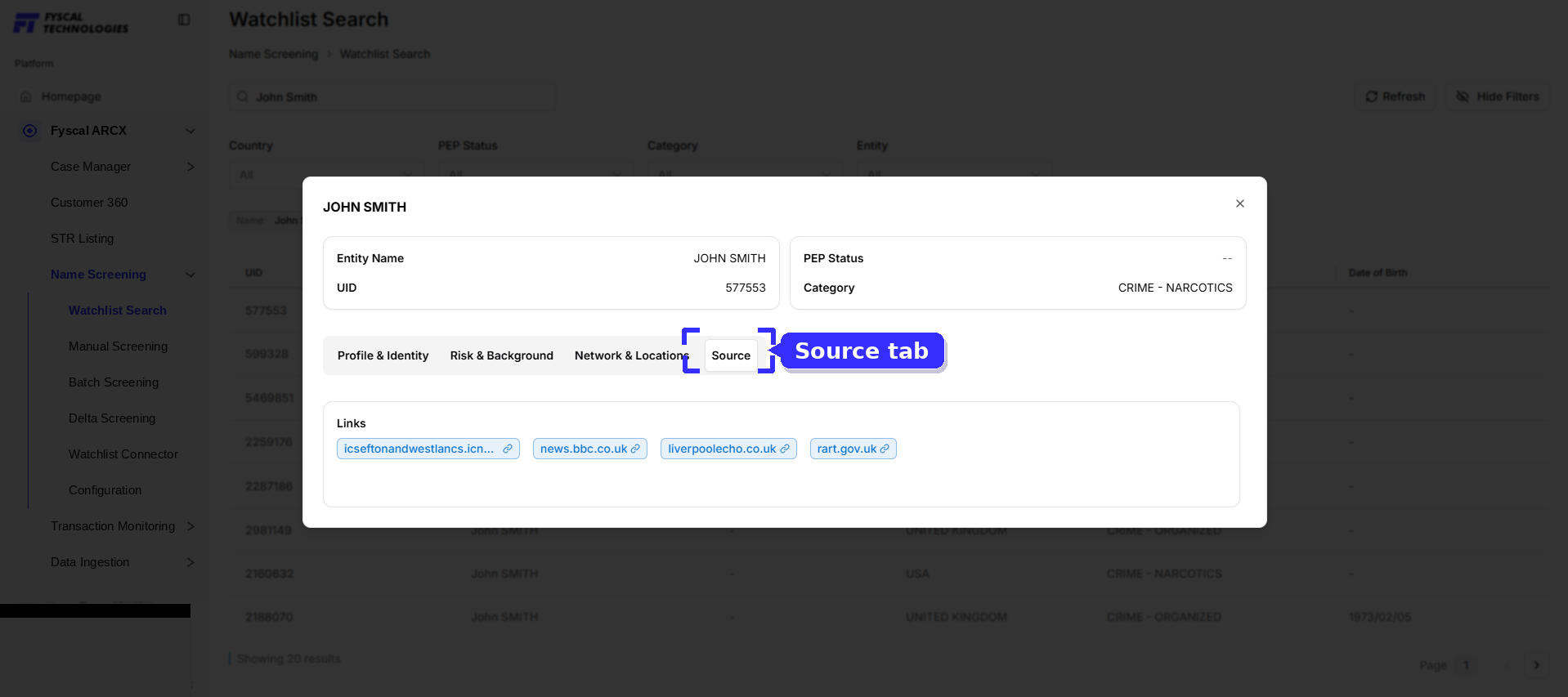 Figure 6.6 — Watchlist Search record detail, Source tab, linking back to the originating articles.