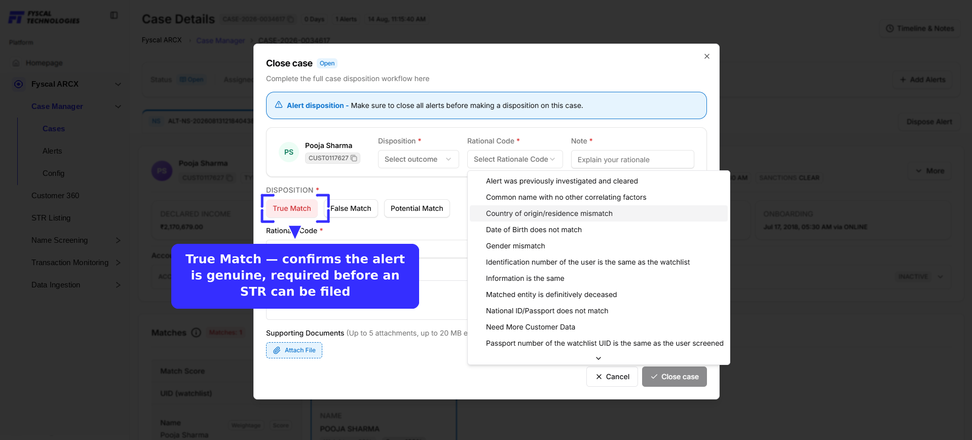 Close case dialog with True Match disposition and rationale code selection