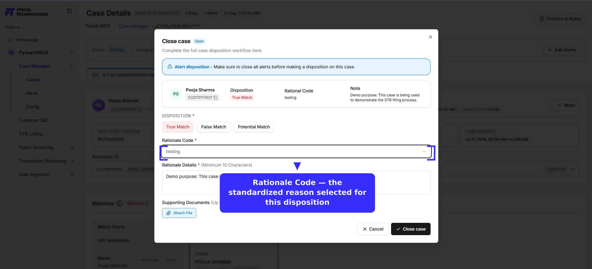 Close case dialog with Rationale Code field focused