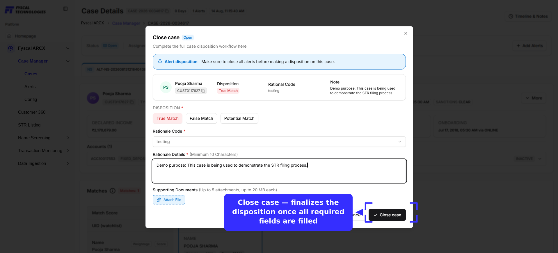 Close case dialog fully filled in, with the Close case button enabled
