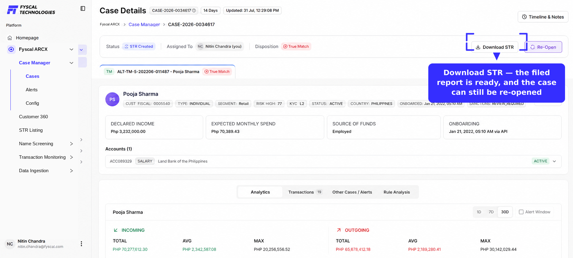 Figure 2.53 — The completed filing. Status: STR Created, and the report is ready to download.