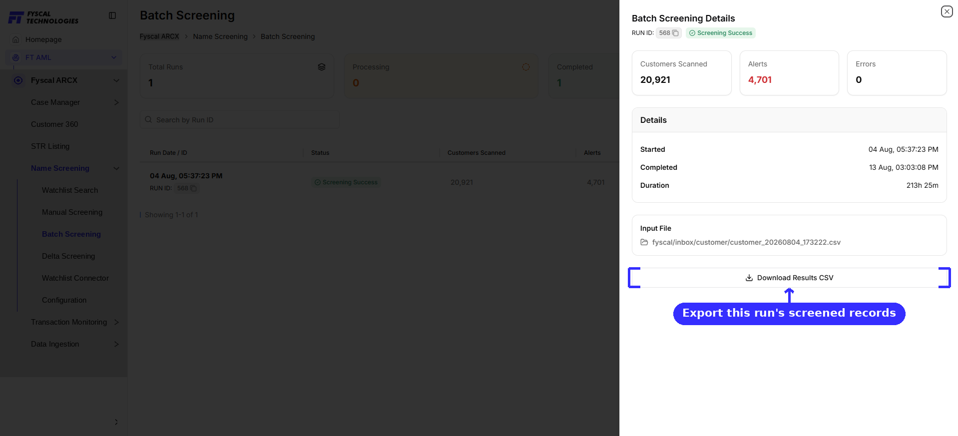Figure 6.12 — Batch Screening Details panel: run totals, timestamps, input file, and the CSV export.