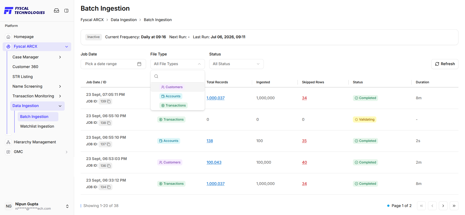 Figure 8.3 — Filtering by File Type, with real job rows showing record counts up to 1,000,037.