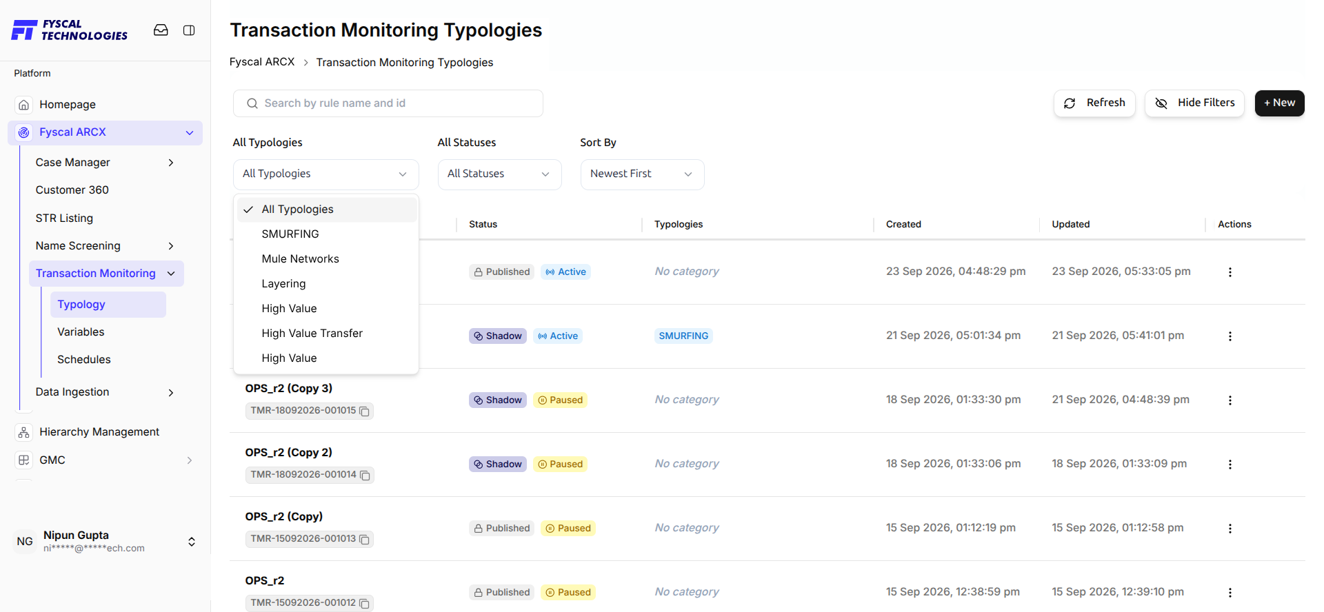 Figure 7.3 — The Typology filter: category tags such as SMURFING and Mule Networks.