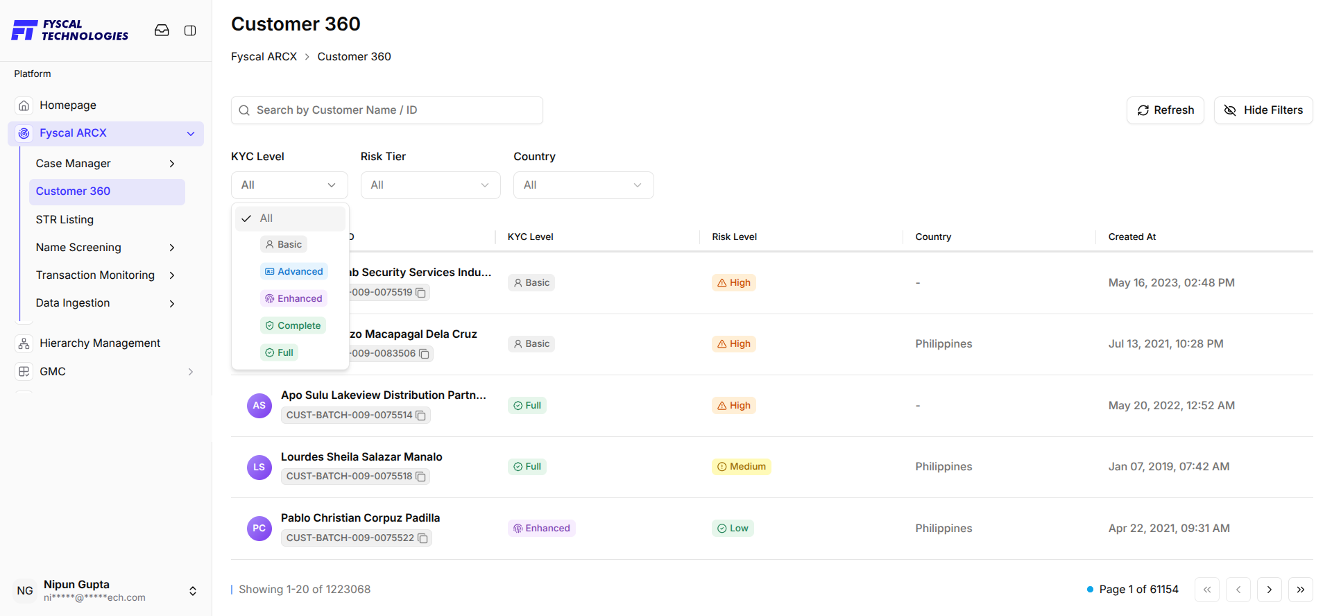 Figure C.2 — KYC Level filter: All, Basic, Advanced, Enhanced, Complete, Full.