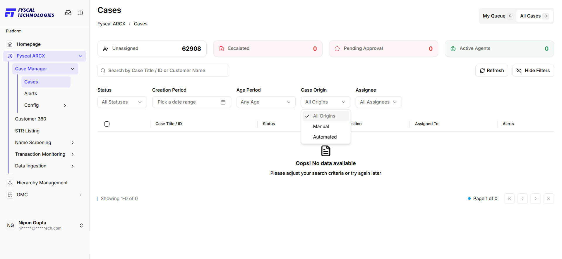Figure 2.5 — All Cases: Case Origin split into Manual and Automated, alongside the Assignee filter.