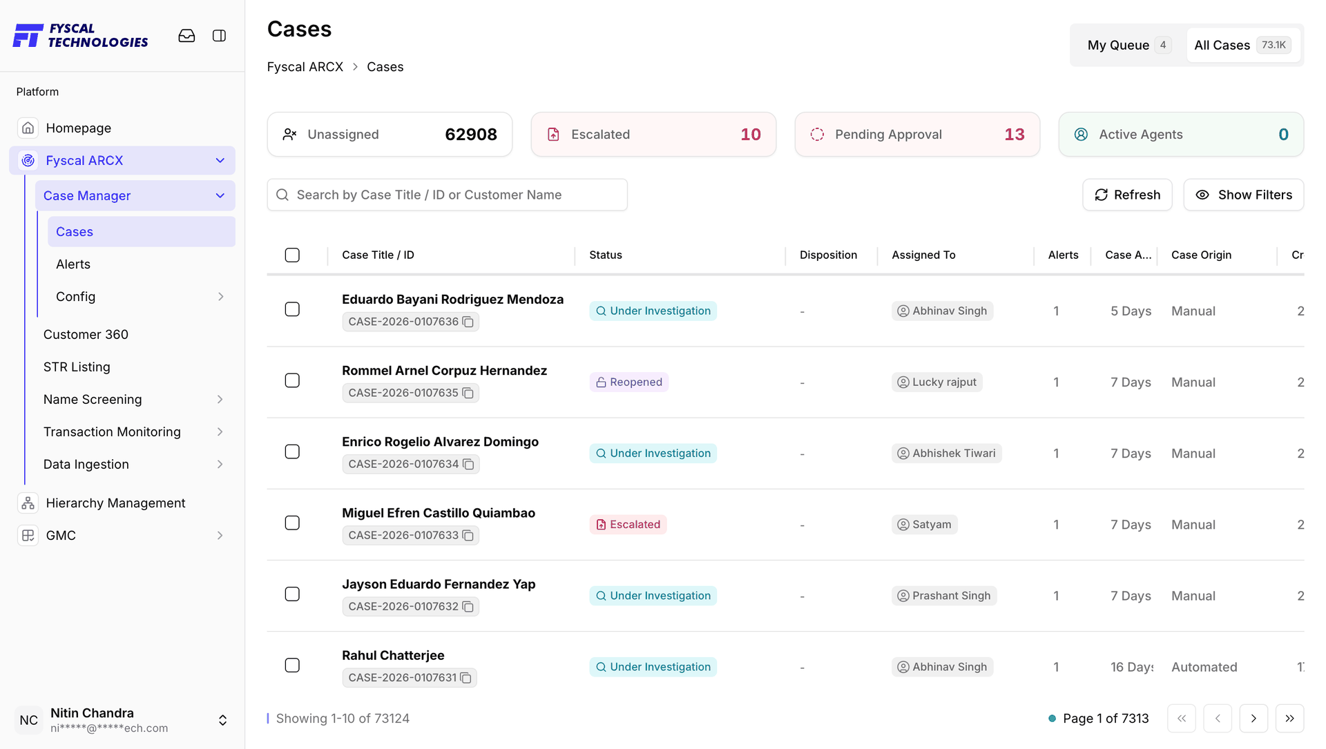 Figure 2.1 — All Cases: the stats bar, search, and a populated case list (73,124 cases across 7,313 pages in this example).