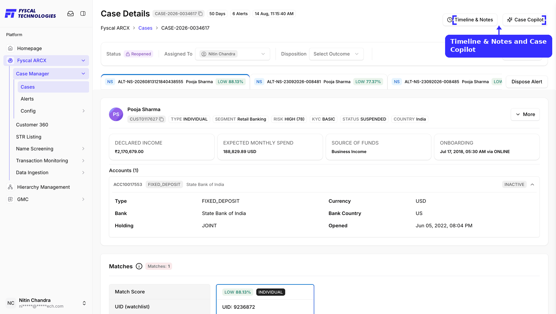 Figure 2.6 — Case Details: the case header with Timeline & Notes and Case Copilot, the alert strip, the customer profile and accounts, and the start of the Matches panel.