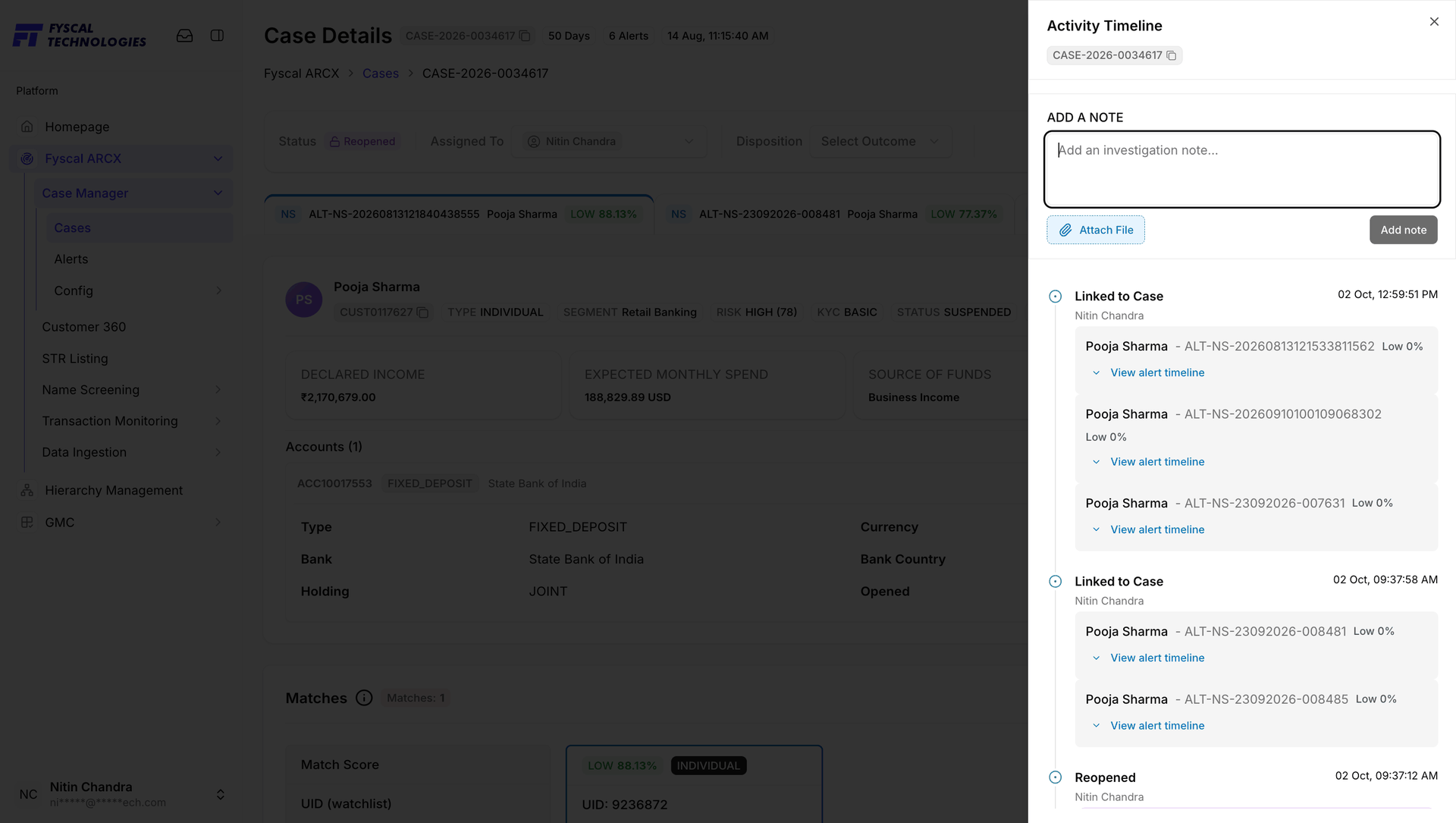 Figure 2.7 — Activity Timeline: the note box and the case's event history, newest first.