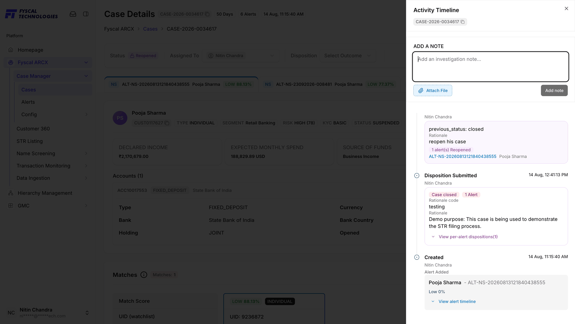 Figure 2.8 — Activity Timeline, scrolled: a Reopened event with its previous status and rationale, a Disposition Submitted event with its rationale code and per-alert dispositions, and the Created event at the bottom.
