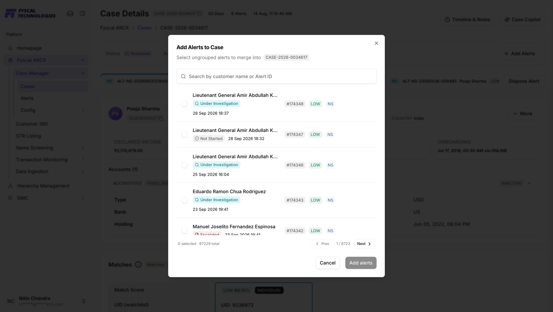 Figure 2.9 — Add Alerts to Case: merging additional ungrouped alerts into an open case. Add alerts stays disabled until at least one is selected.