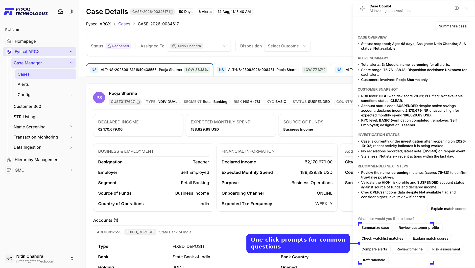 Figure 2.10 — Case Copilot: a generated case summary and the one-click prompts underneath it.