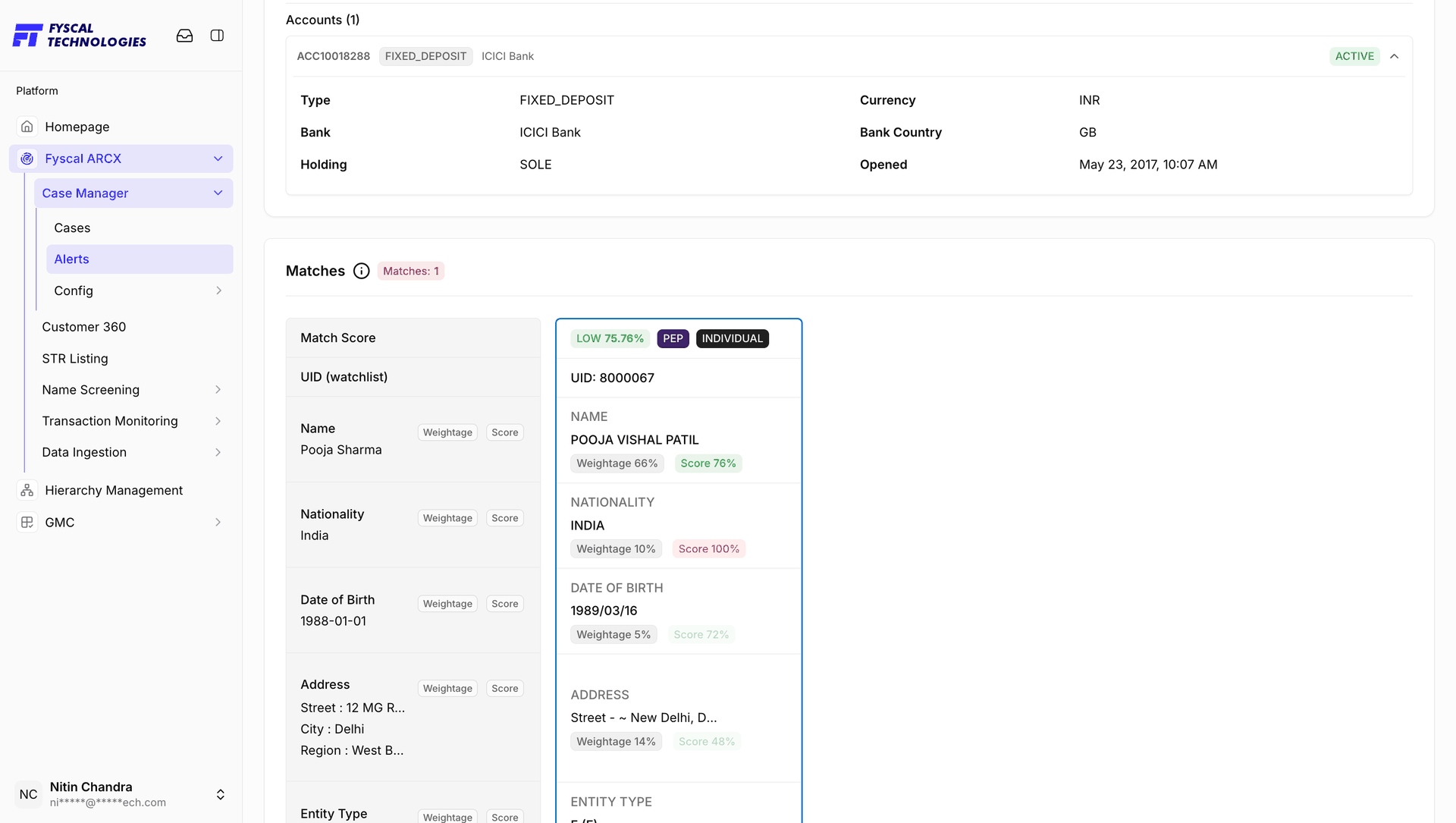 Figure 2.21 — Matches: the customer's details beside the watchlist entry, with per-field weightage and score.