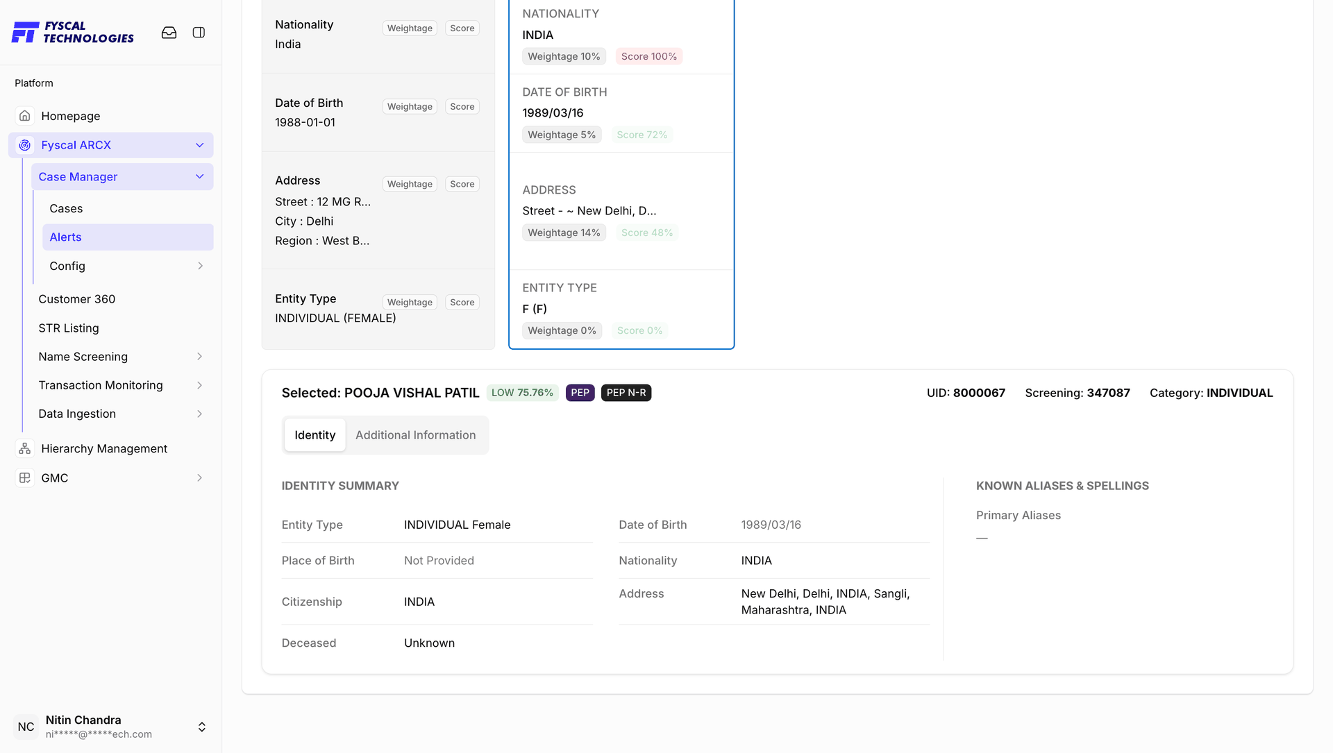 Figure 2.22 — Selected match, Identity tab: per-field weightage and score on top, then the identity summary and known aliases of the watchlist entry.