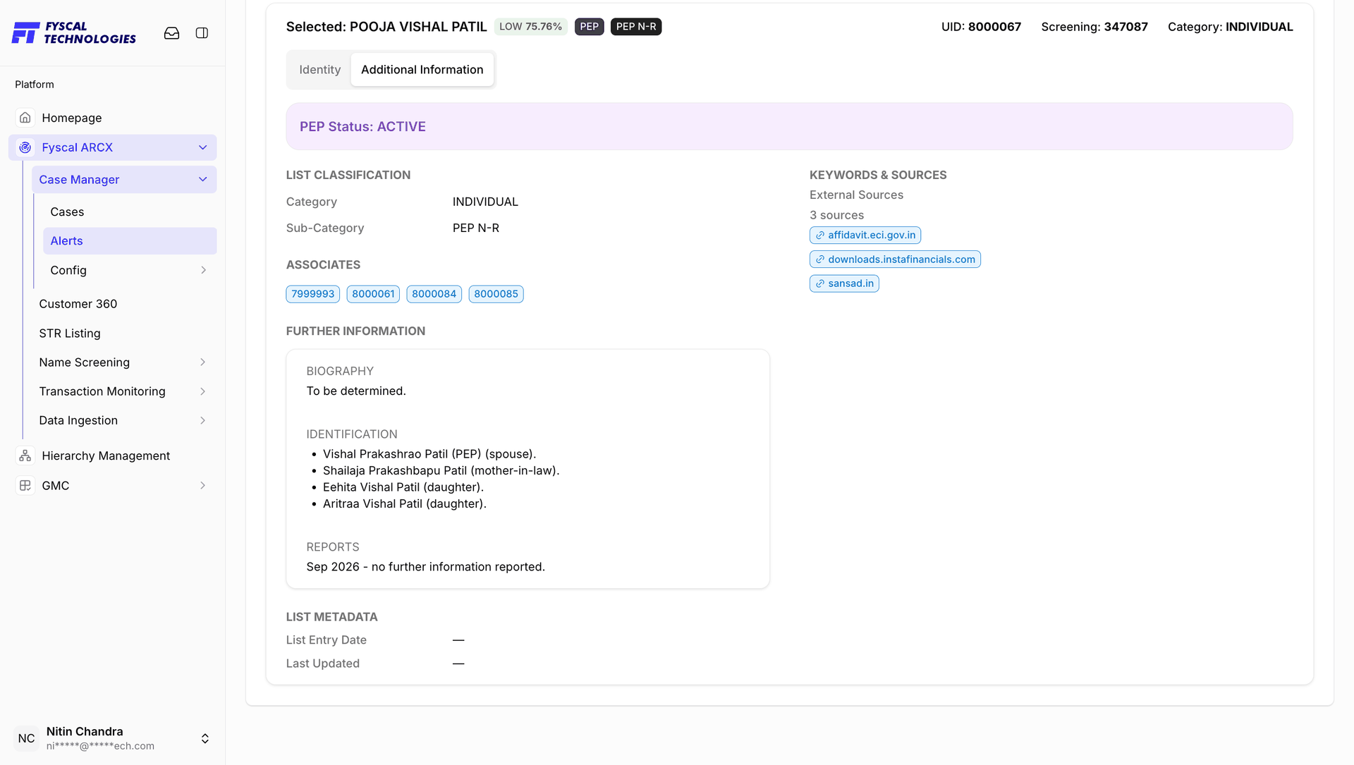 Figure 2.23 — The selected match, Additional Information tab: PEP status Active, associates, and the sources behind the listing.