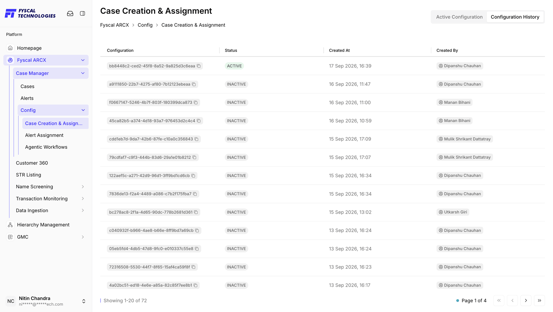 Figure 2.27 — Configuration History: 72 versions, with ACTIVE marking the one in effect.
