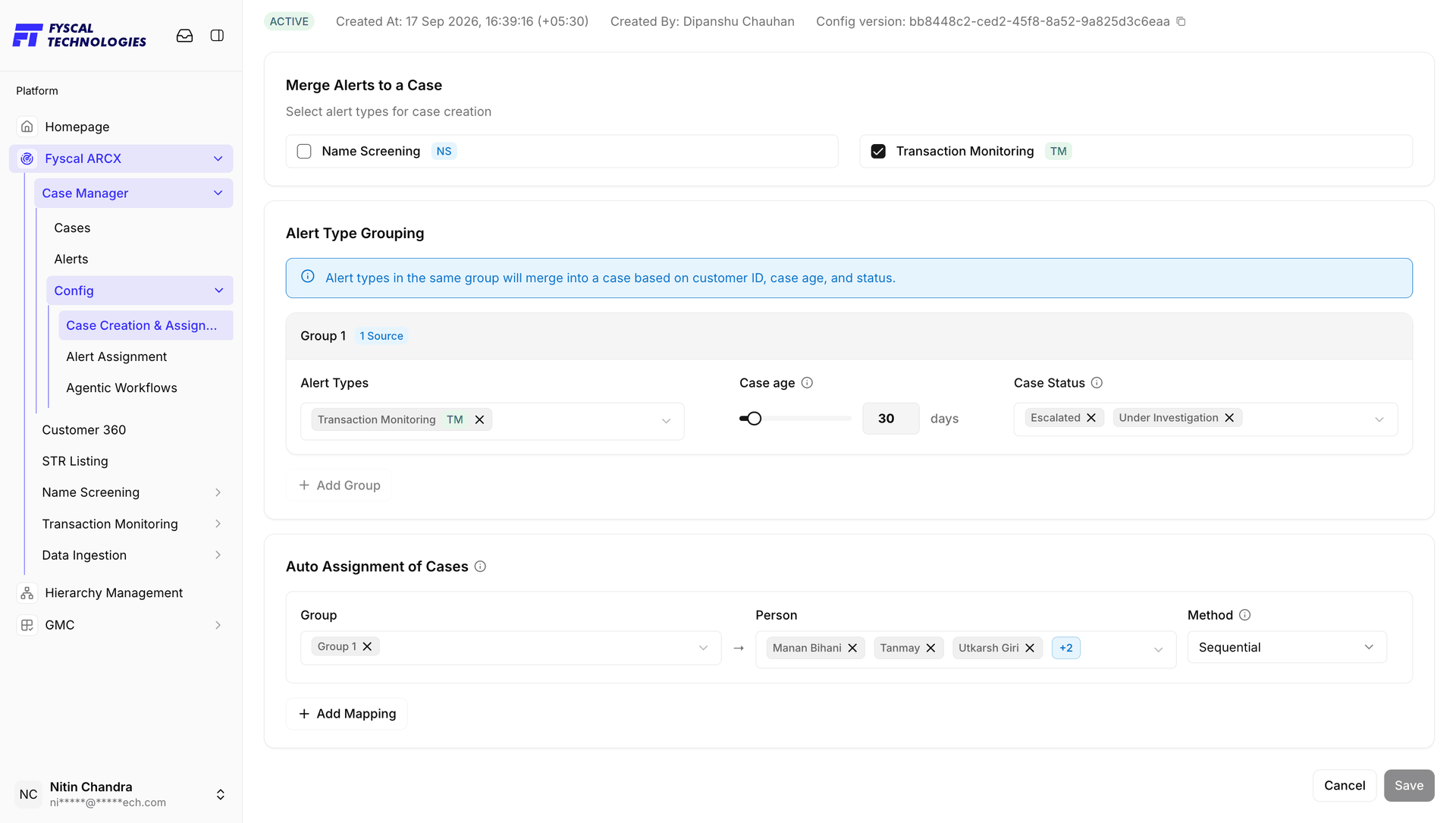 Figure 2.26 — Editing Case Creation & Assignment: tags become removable, Case age is a slider, and + Add Group / + Add Mapping appear.