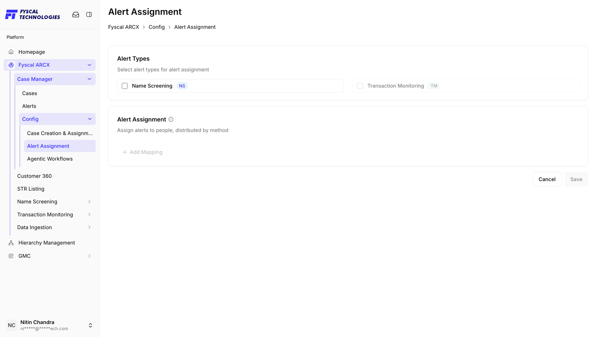 Figure 2.29 — The Alert Assignment form: choose alert types first; Add Mapping and Save are disabled until something is selected.