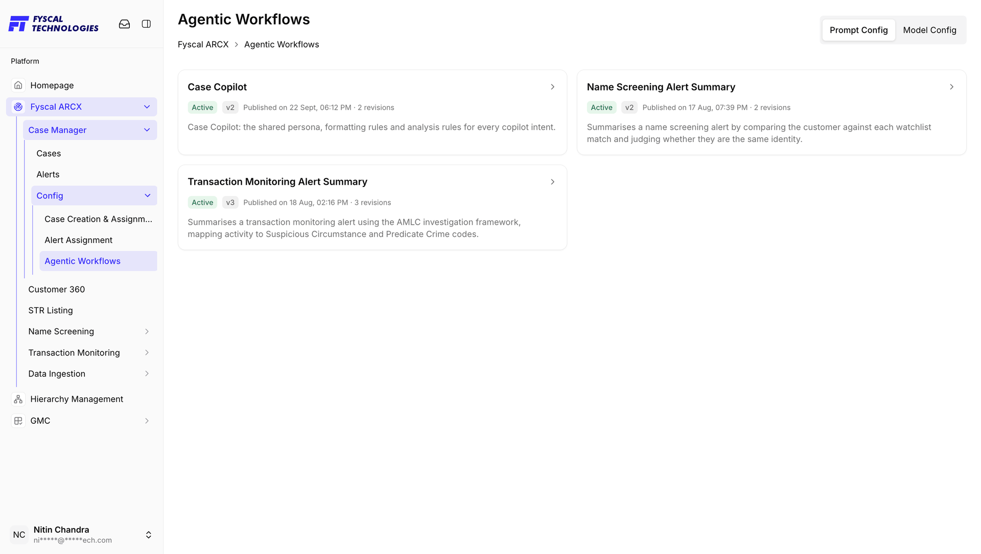 Figure 2.32 — Prompt Config: Case Copilot, Name Screening Alert Summary, and Transaction Monitoring Alert Summary.