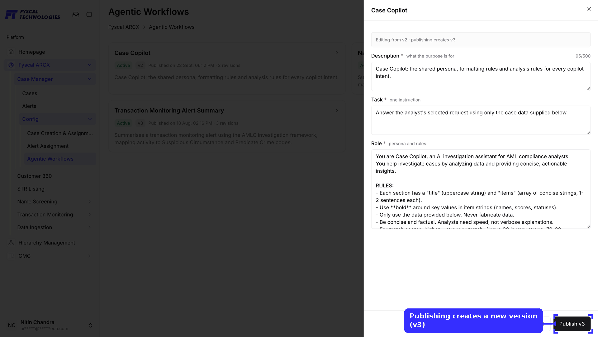 Figure 2.34 — Editing Case Copilot: Description, Task and Role, with a new version created on publish.