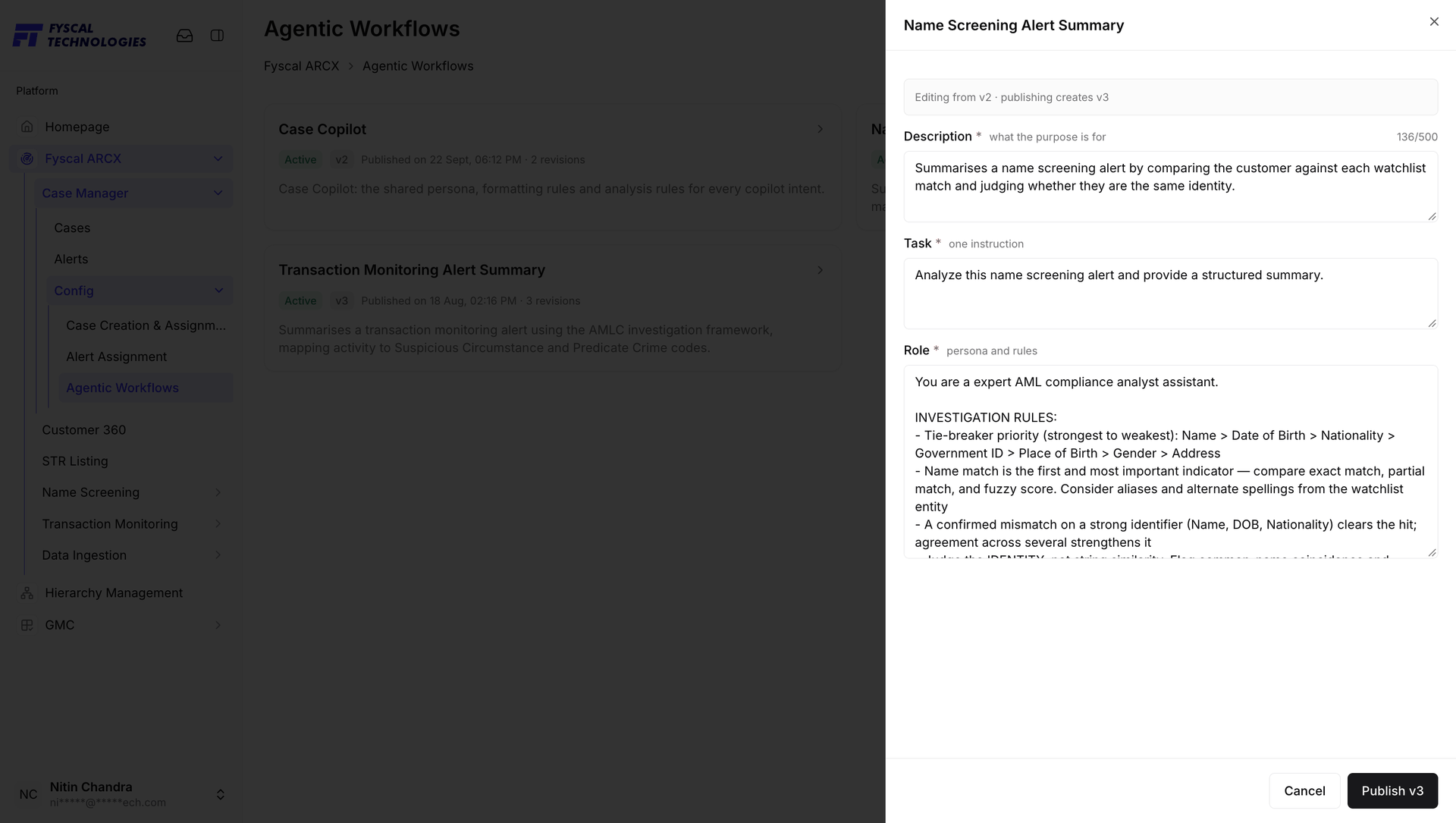Figure 2.36 — Editing Name Screening Alert Summary: the investigation rules in its Role, including the tie-breaker priority.