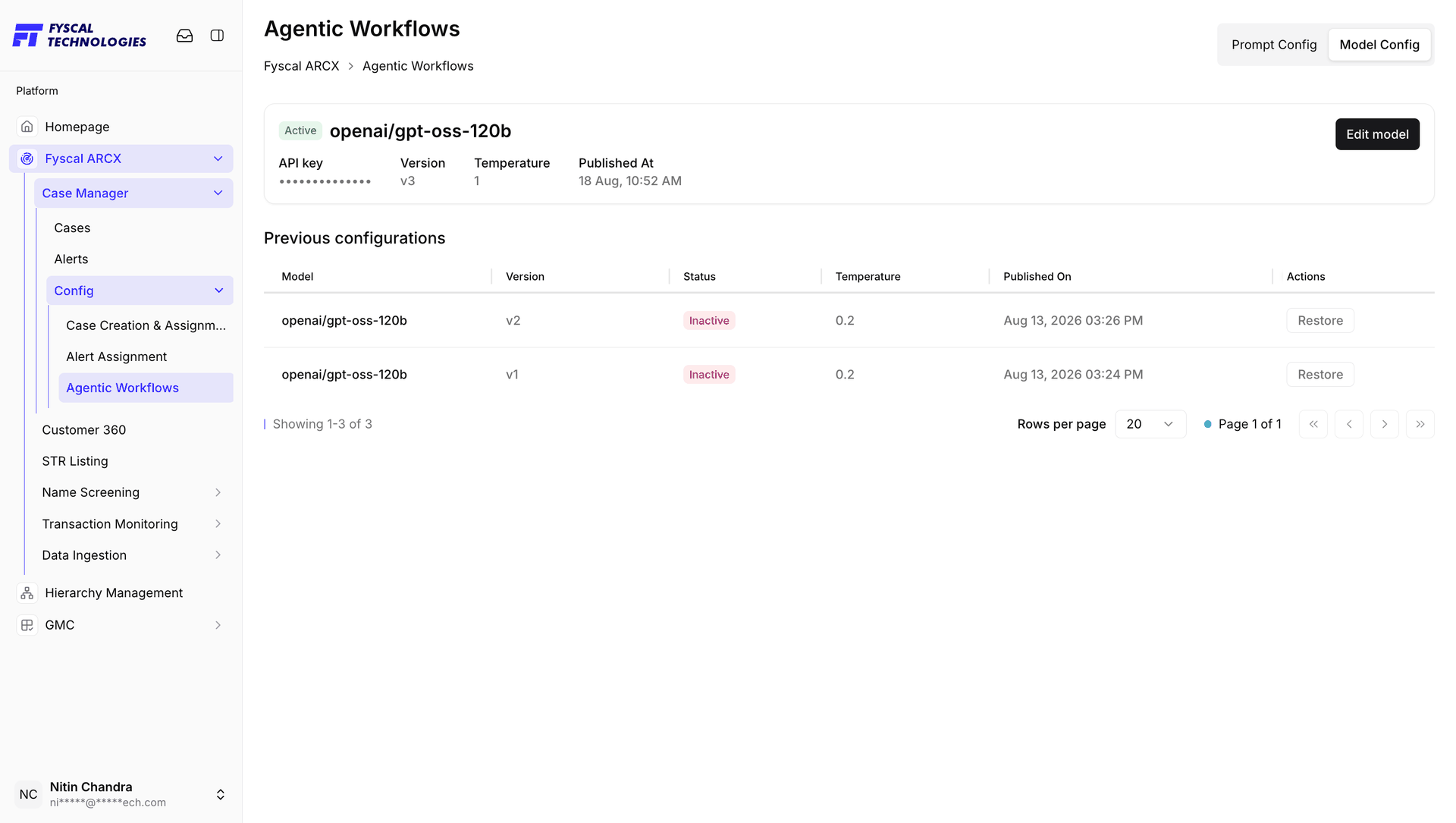 Figure 2.39 — Model Config: the active model, and previous configurations with Restore.