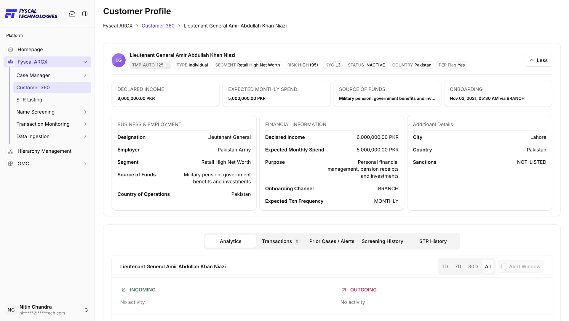 Figure C.4 — The full profile, expanded via More — a PEP-flagged, high-risk individual with the Business & Employment, Financial Information and Additional Details panels open.
