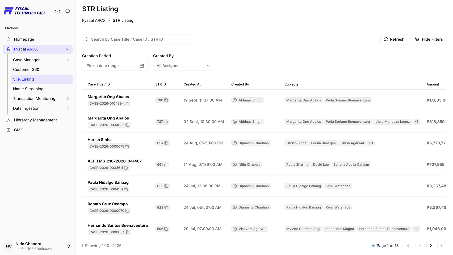 Figure 4.1 — STR Listing: 126 filings, searchable by Case Title, Case ID, or STR ID, with Creation Period and Created By filters above the table.
