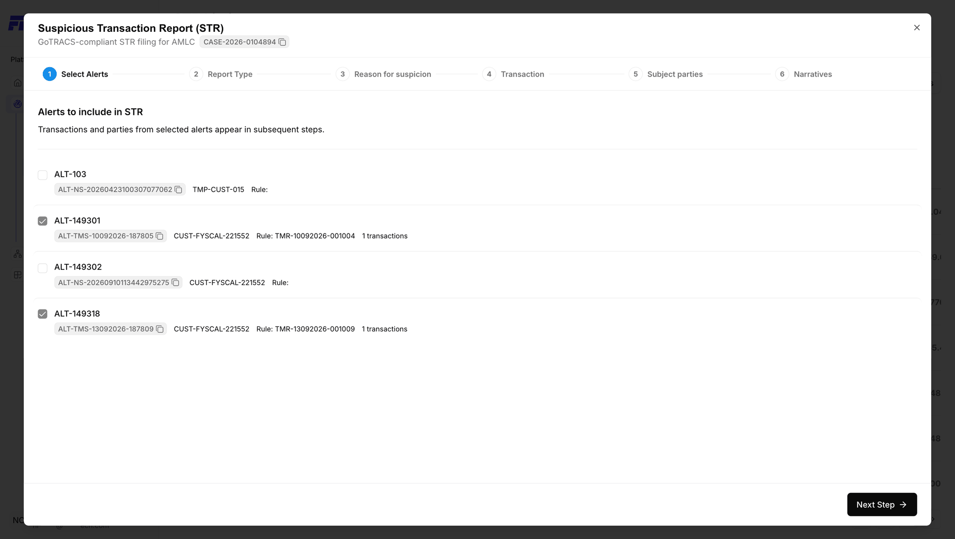 Figure 2.47 — Step 1: Select Alerts. This case has 4 candidate alerts; 2 are selected for this filing.