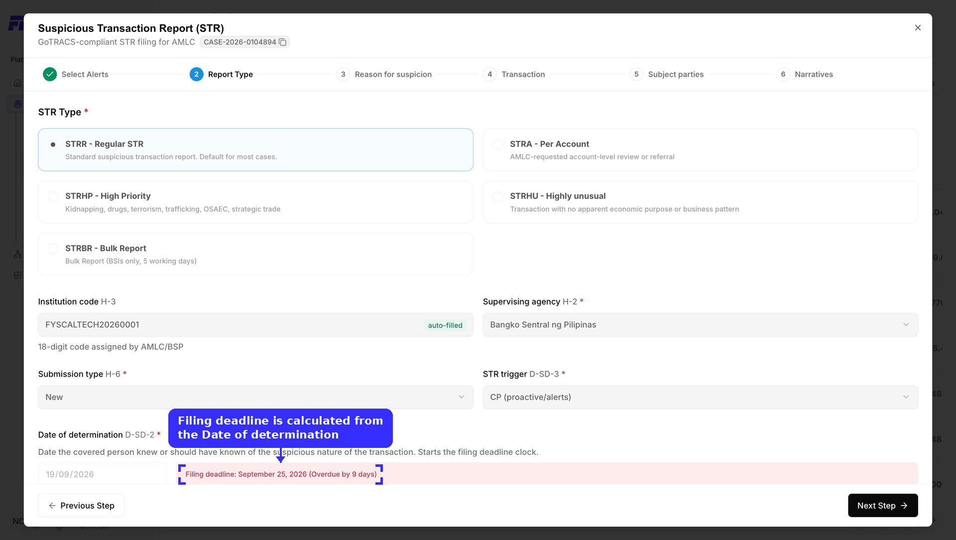 Figure 2.48 — Step 2: Report Type — STR Type, Institution code, Supervising agency, Submission type, STR trigger, and the calculated filing deadline.