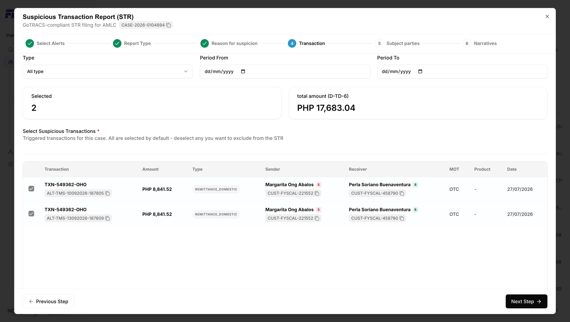 Figure 2.50 — Step 4: 2 transactions selected, totaling PHP 17,683.04. The S and B badges beside each name are party roles.