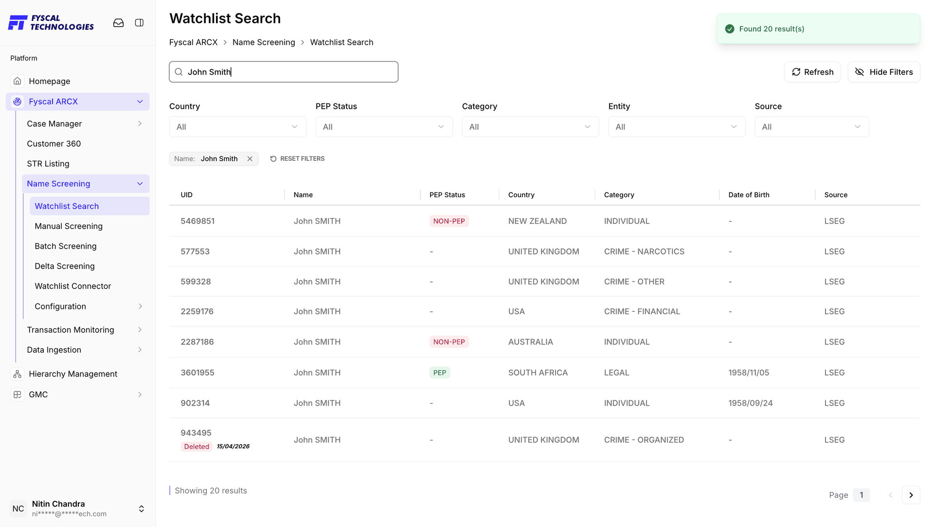 Figure 6.1 — Watchlist Search for "John Smith": 20 results from the LSEG list, with the Country, PEP Status, Category, Entity and Source filters above the table.