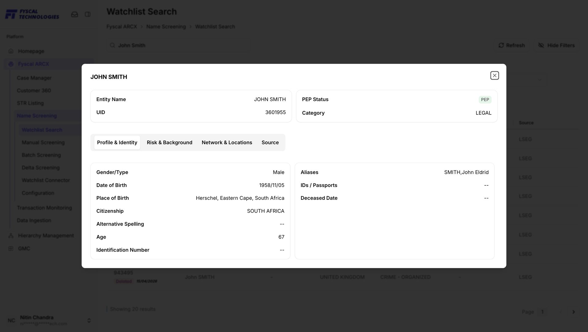 Figure 6.3 — Record detail for a PEP entry (UID 3601955): the PEP chip and Legal category in the header, with place of birth, citizenship, age and alias on file.