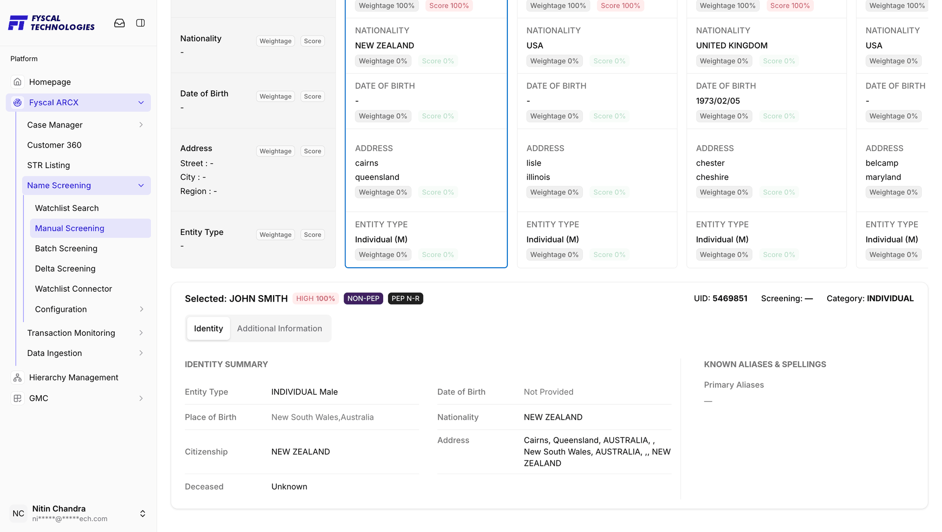 Figure 6.9 — Selected match, Identity tab: the identity summary and known aliases.