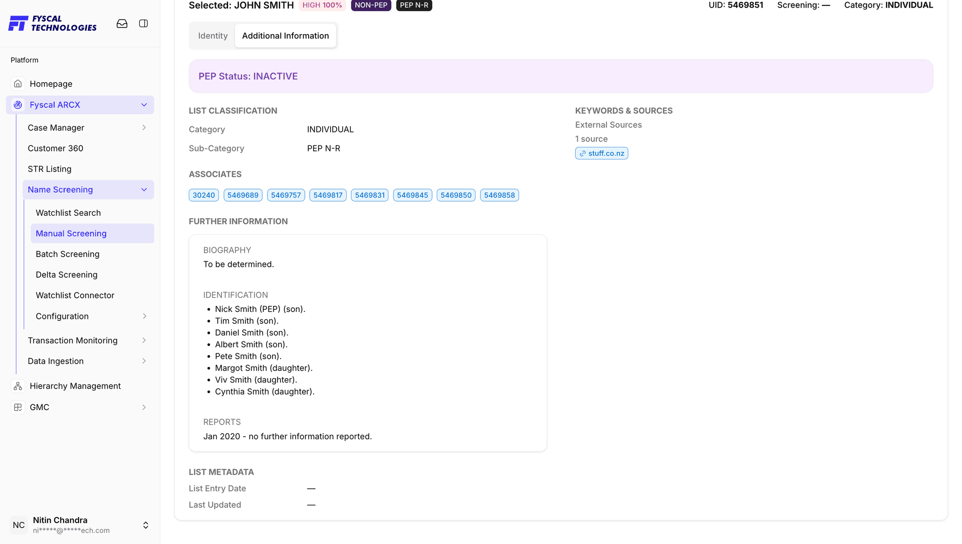 Figure 6.10 — Selected match, Additional Information tab: PEP status, classification, associates, sources and reports.