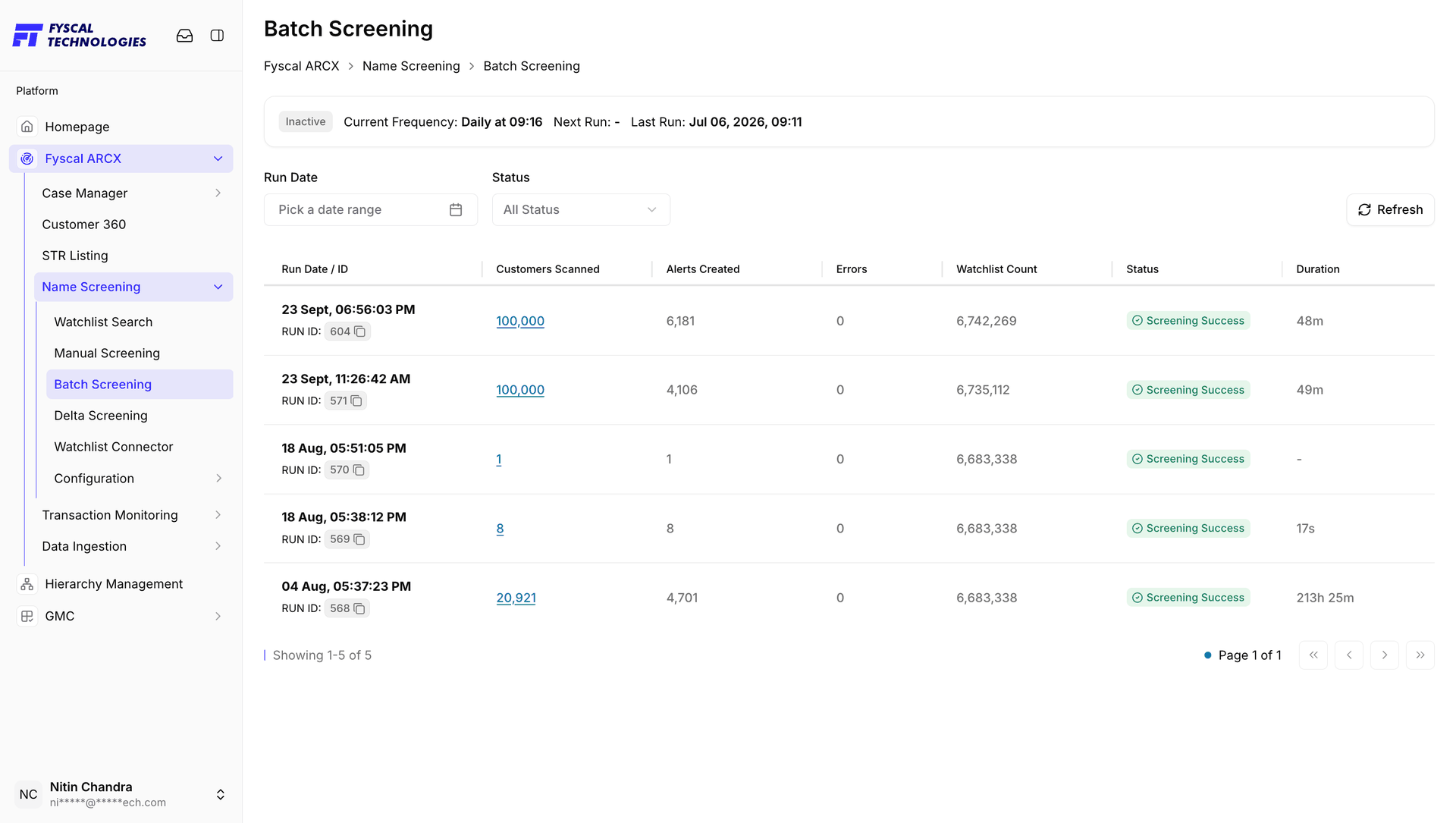 Figure 6.11 — Batch Screening: read-only run history, with the current schedule across the top and each run's customers scanned, alerts created, errors, watchlist size, status and duration.