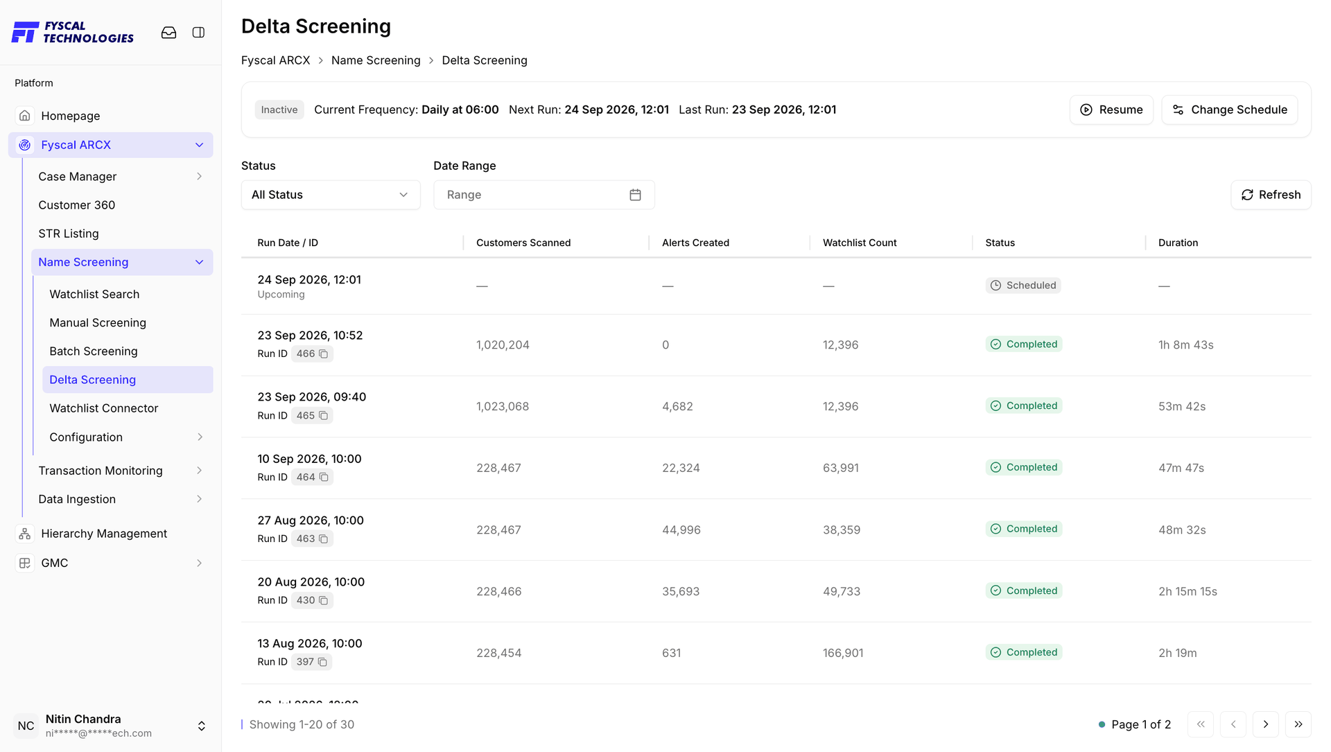 Figure 6.13 — Delta Screening: scheduled and completed runs, with an Upcoming run shown at the top and the Resume and Change Schedule controls at top right.