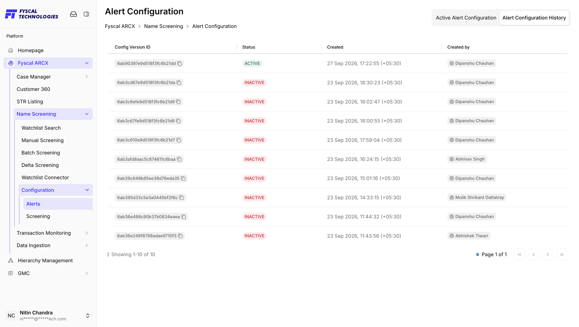 Figure 6.21 — Alert Configuration History: every saved version, with ACTIVE marking the one in force.