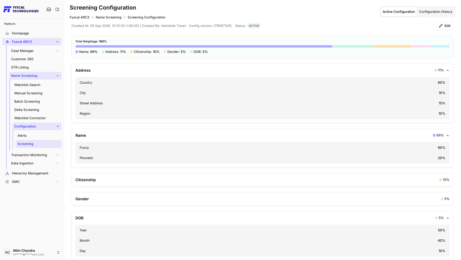 Figure 6.15 — Active Screening Configuration (read-only): the overall weightage bar and the Address, Name and DOB sub-criteria expanded.