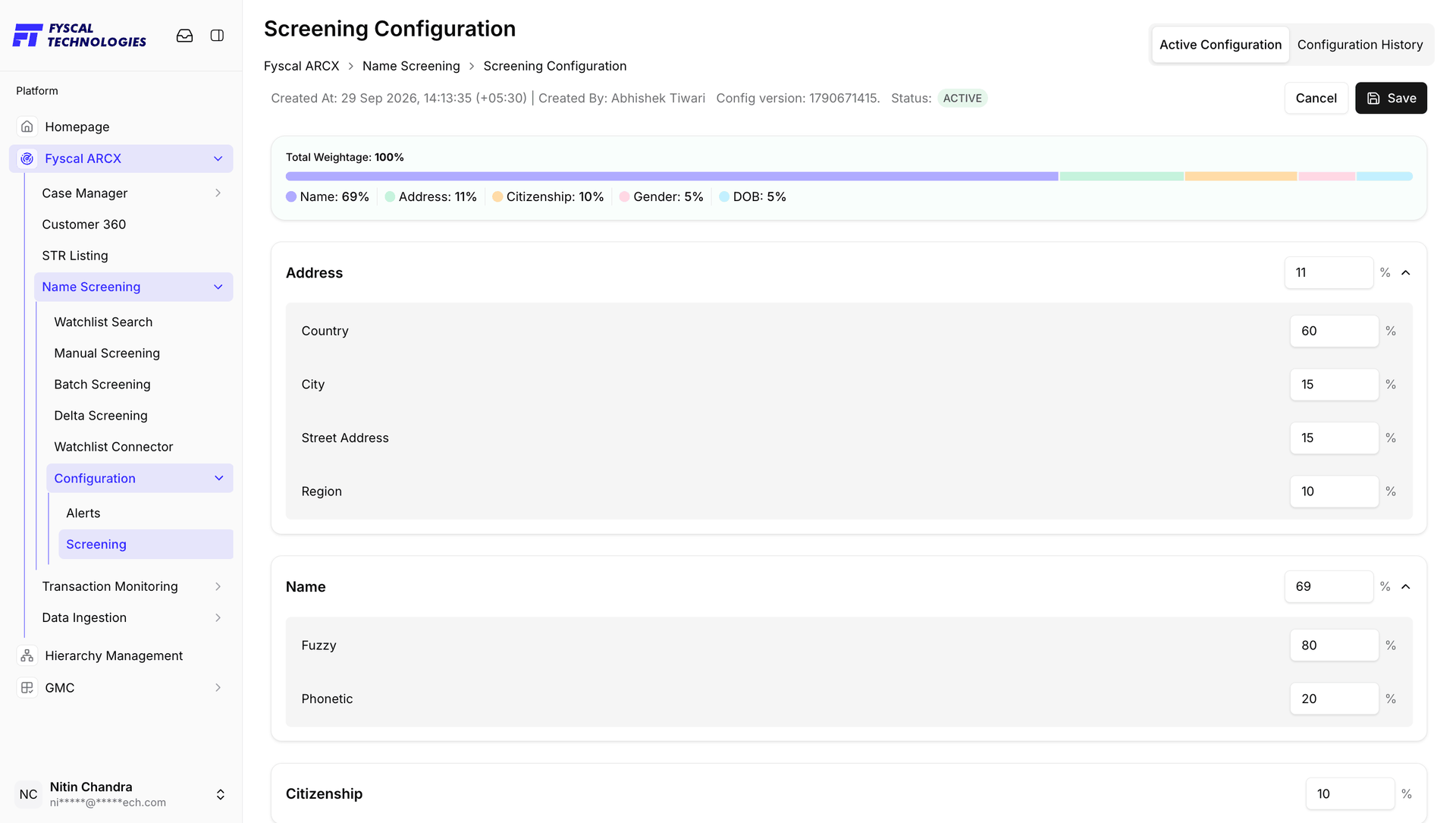 Figure 6.16 — Editing Screening Configuration: weightages become editable fields, with Cancel and Save at top right.