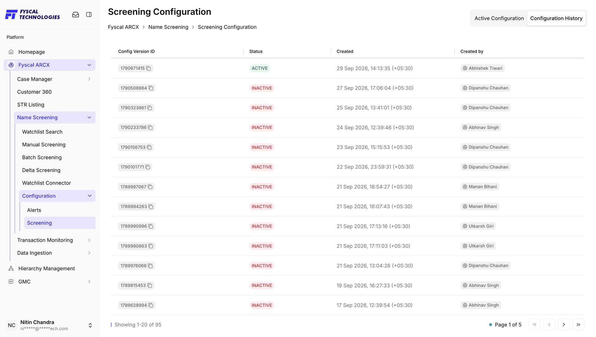 Figure 6.17 — Screening Configuration History: one ACTIVE version and every earlier INACTIVE one, newest first.