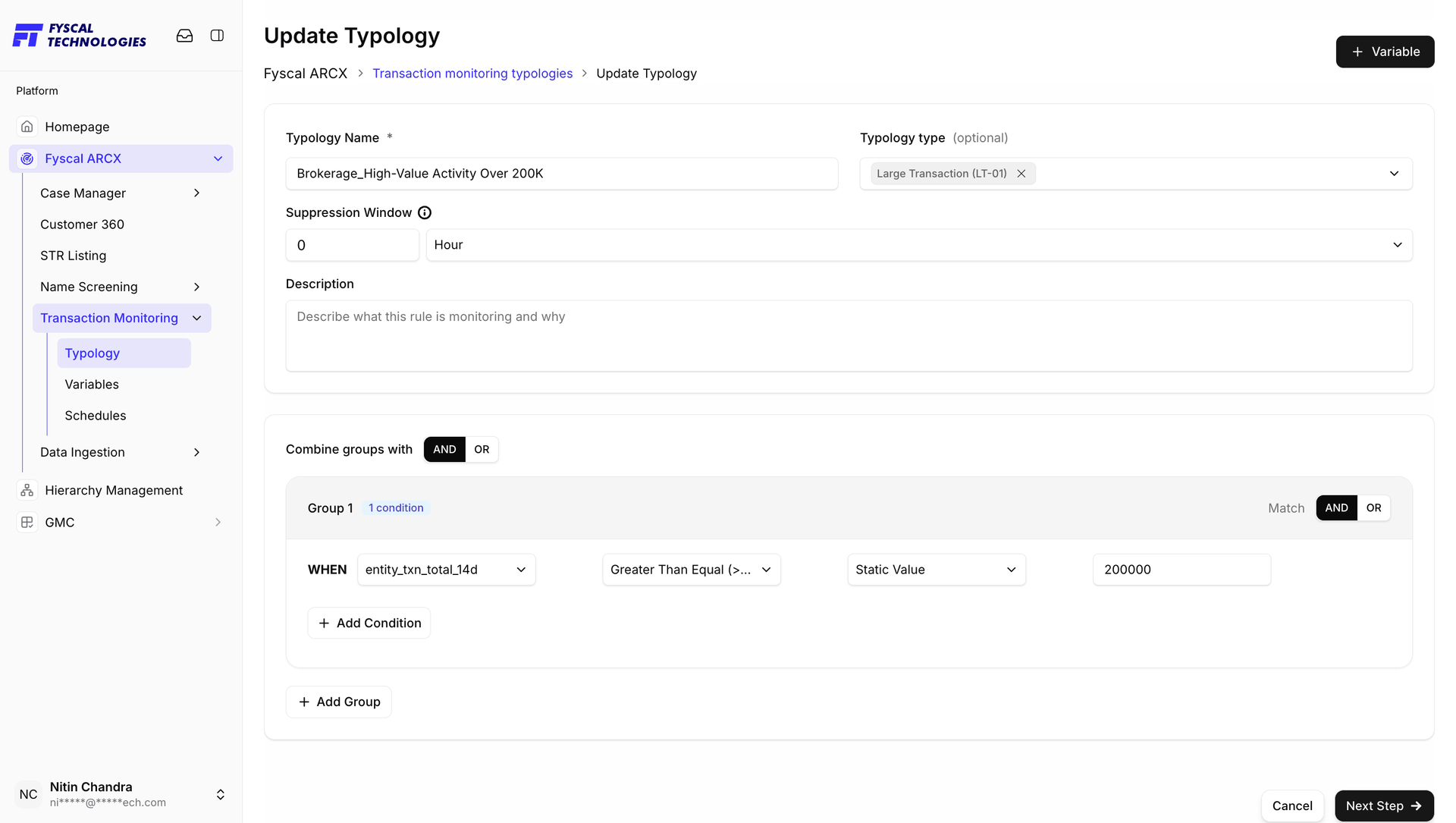 Figure 7.10 — Update Typology: the saved rule loaded into the builder, ready to edit its type, suppression window, description or conditions.