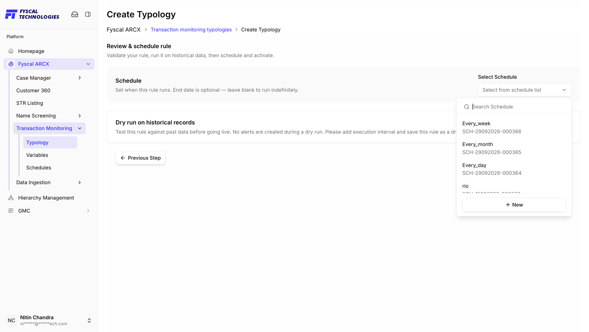 Figure 7.8 — Create Typology, step 2: selecting a schedule from the list (Every_week, Every_month, Every_day …) or creating a new one.
