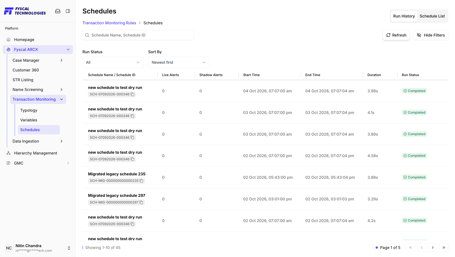 Figure 7.16 — Run History: 45 runs, each with its Live and Shadow alert counts, timings and status.